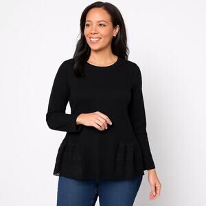 LOGO by Lori Goldstein Women’s Black Top with Crochet Lace Hem –Size Medium NWOT